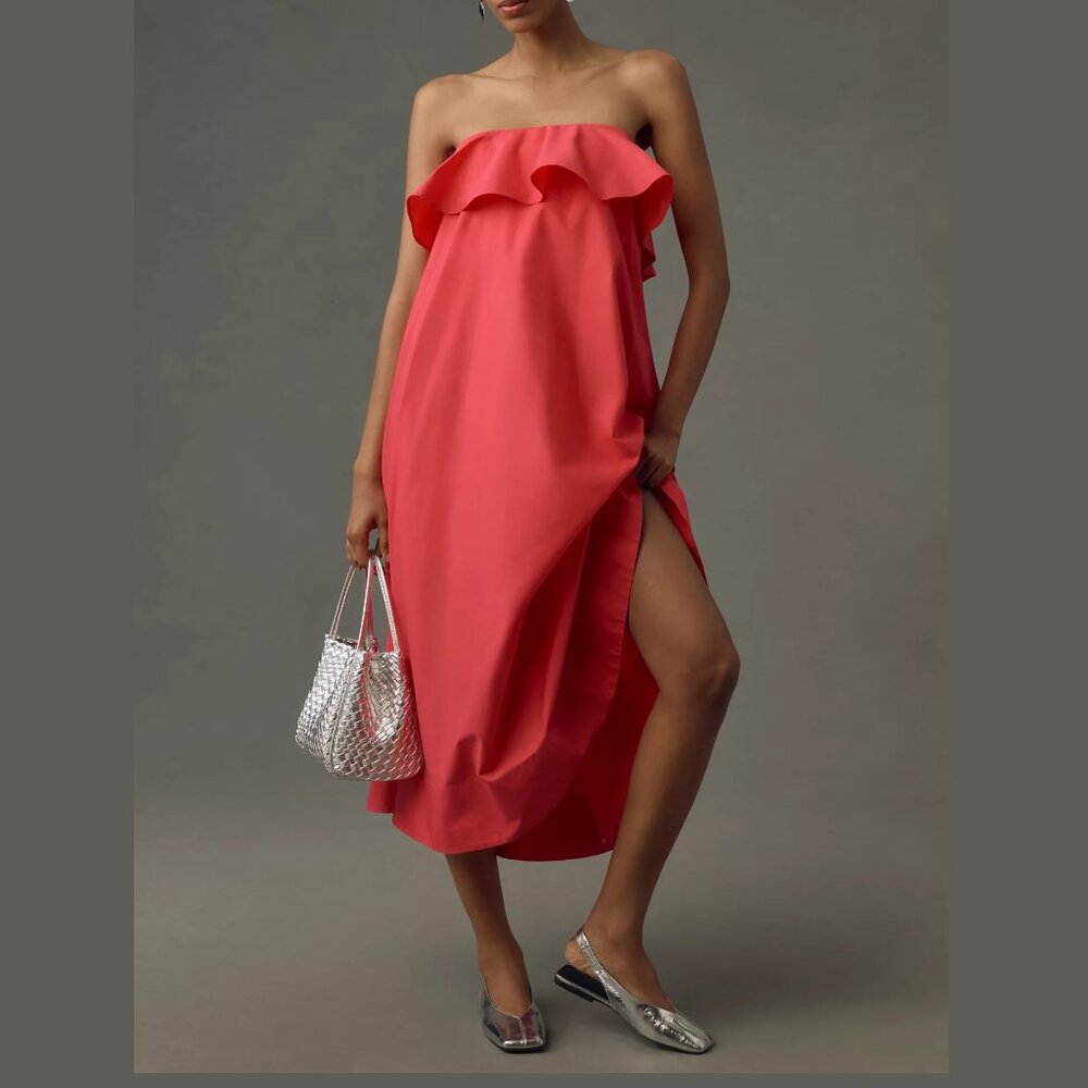 By Anthropologie Strapless Flounce A-Line Midi Dress Pink XS Petite XSP